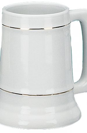 28oz White Ceramic Stein with Gold Bands