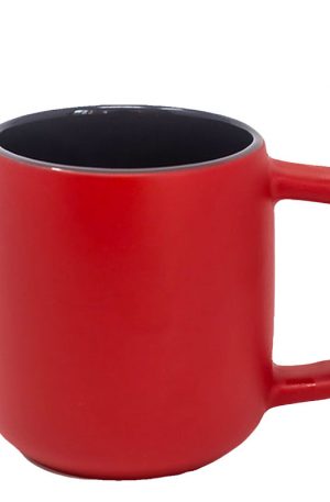 Product image of a 14 oz matte red ceramic barrel mug with gloss gray interior