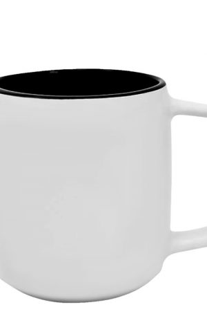 Product image for a 14 oz matte white ceramic barrel mug with glossy dark gray interior and geometric handle