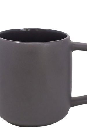 Product image of a 14 oz matte gray ceramic barrel mug with glossy dark gray interior and geometric handle