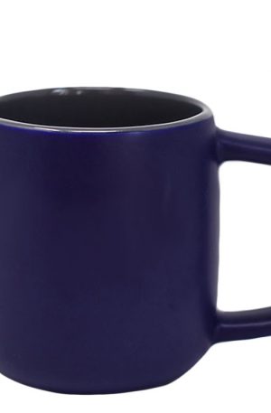 Product image for a 14 ounce colbalt blue ceramic barrel mug with glossy gray interior and gemoetric handle