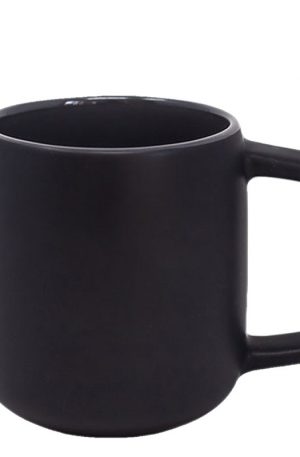 Product image for a 14 ounce matte black ceramic barrel mug with glossy dark gray interior and geometric handle