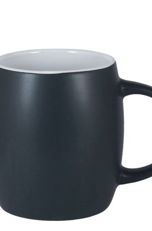 Product image for a 14 ounce ceramic barrel mug with matte black exterior and glossy white interior