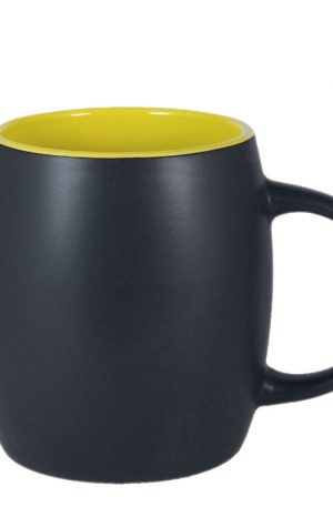 Product image for a 14 ounce ceramic barrel mug with matte black exterior and glossy yellow interior