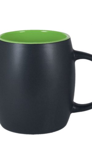 Product image for a 14 ounce ceramic barrel mug with matte black exterior and glossy lime green interior