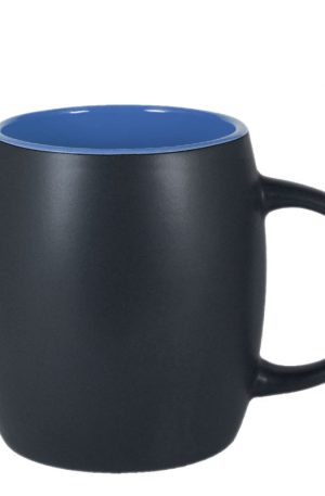 Product image for a 14 ounce ceramic barrel mug with matte black exterior and glossy sky blue interior