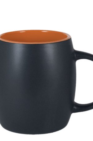 Product image for a 14 ounce ceramic barrel mug with matte black exterior and glossy orange interior