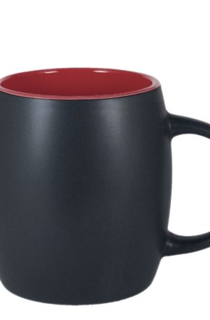 Product image for a 14 ounce ceramic barrel mug with matte black exterior and glossy red interior