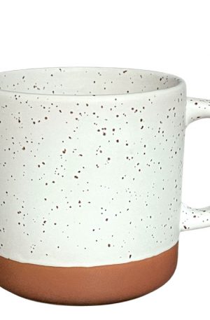 Product image for a 13 oz ceramic mug with speckled white glaze and unglazed bottom