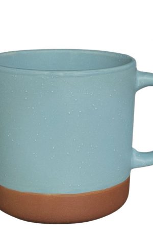 Product image for a 13 oz ceramic mug with speckled celadon blue glaze and unglazed bottom