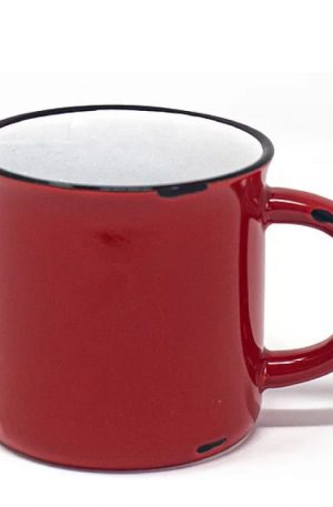 Product image for a glossy red 15 ounce ceramic campfire mug with white interior, black lip, and black distressing