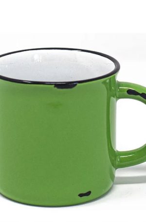 Product image for a glossy lime green 15 ounce ceramic campfire mug with white interior, black lip, and black distressing