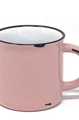 Product image for a glossy pink15 ounce ceramic campfire mug with white interior, black lip, and black distressing