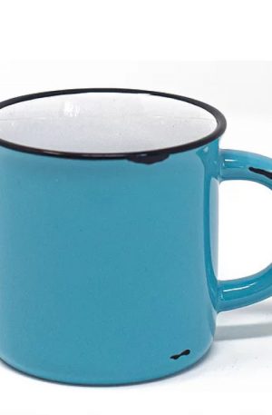 Product image for a glossy light blue 15 ounce ceramic campfire mug with white interior, black lip, and black distressing